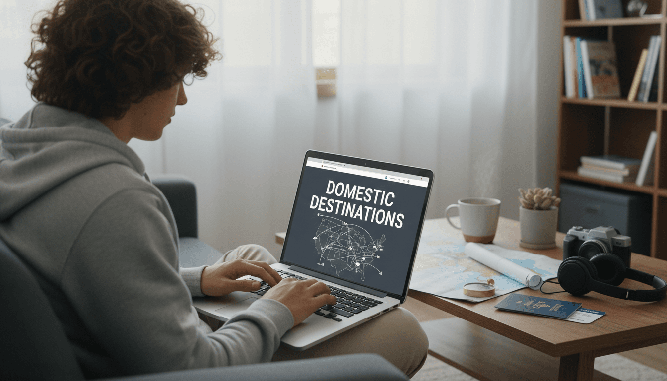 Traveler booking a domestic flight online with travel planning materials