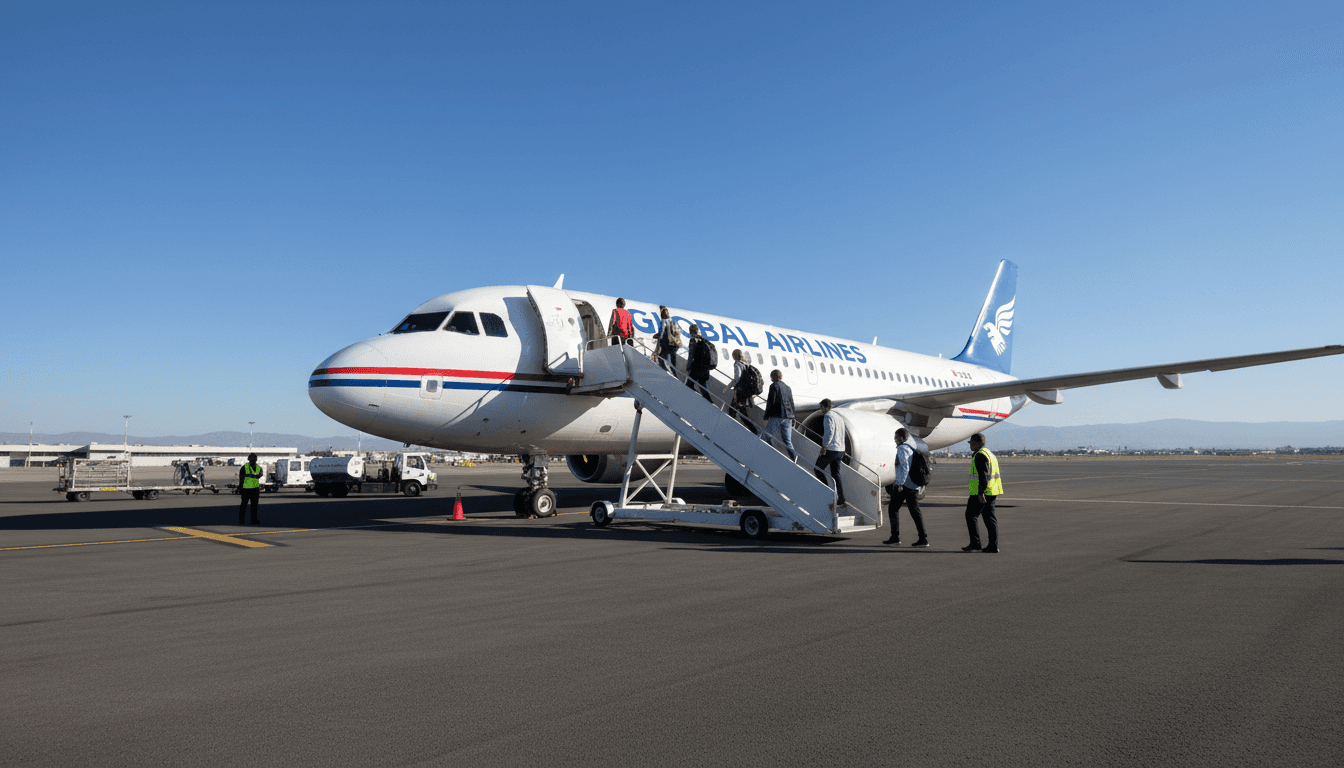 Airplane ready for departure with passengers boarding on a sunny day