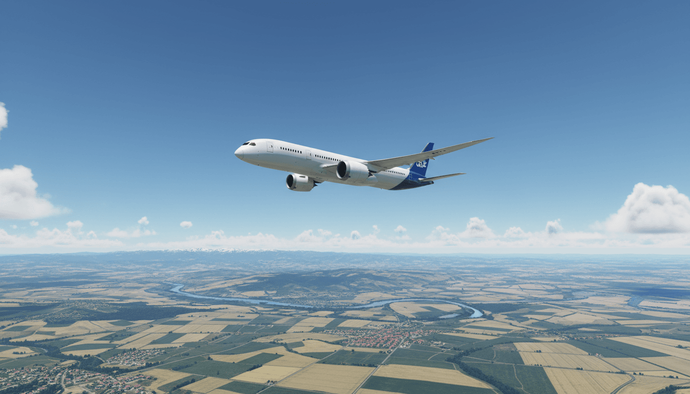 Commercial airplane flying over landscape with blue sky