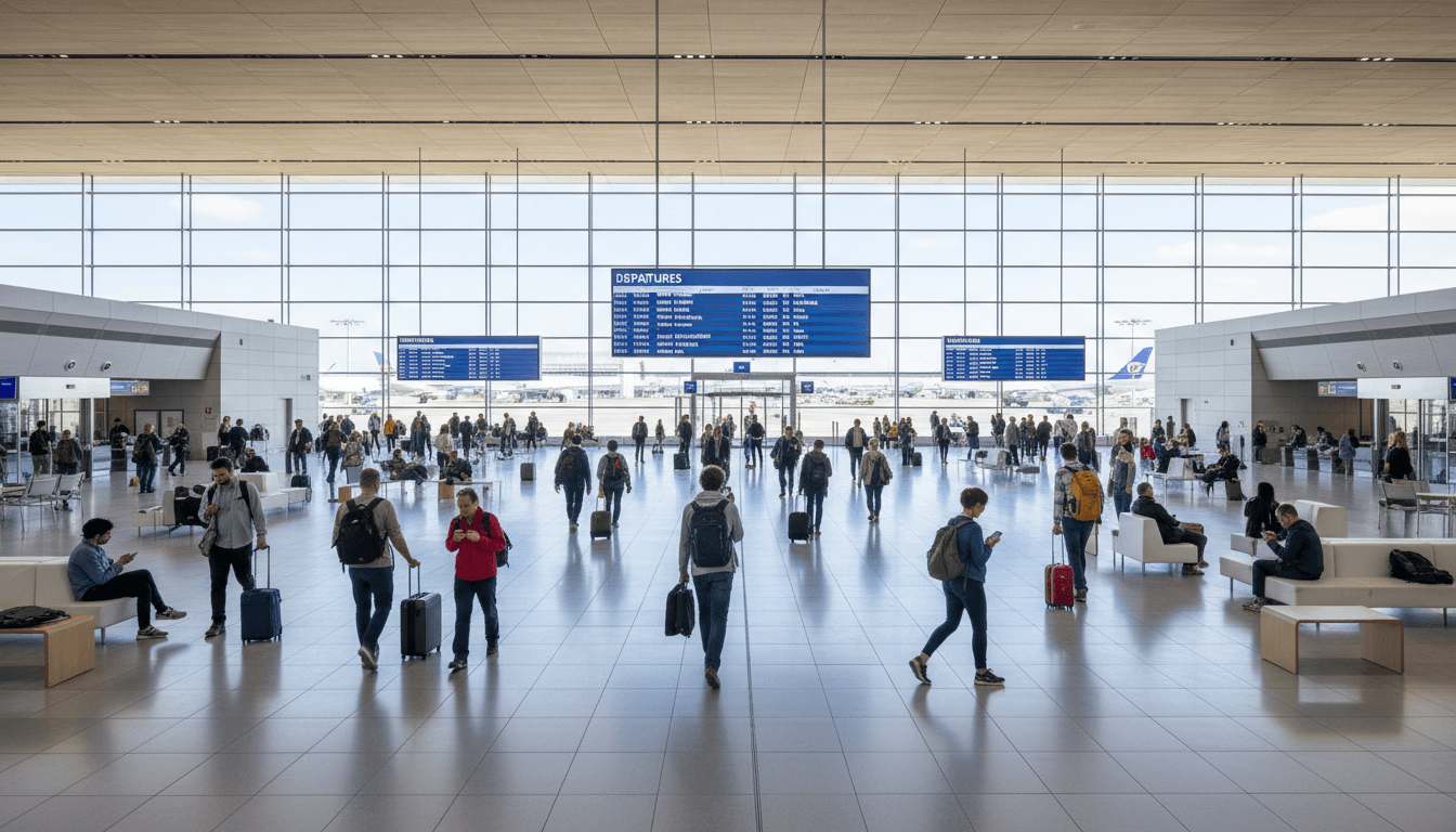 Travelers at airport check-in counter preparing for domestic flight