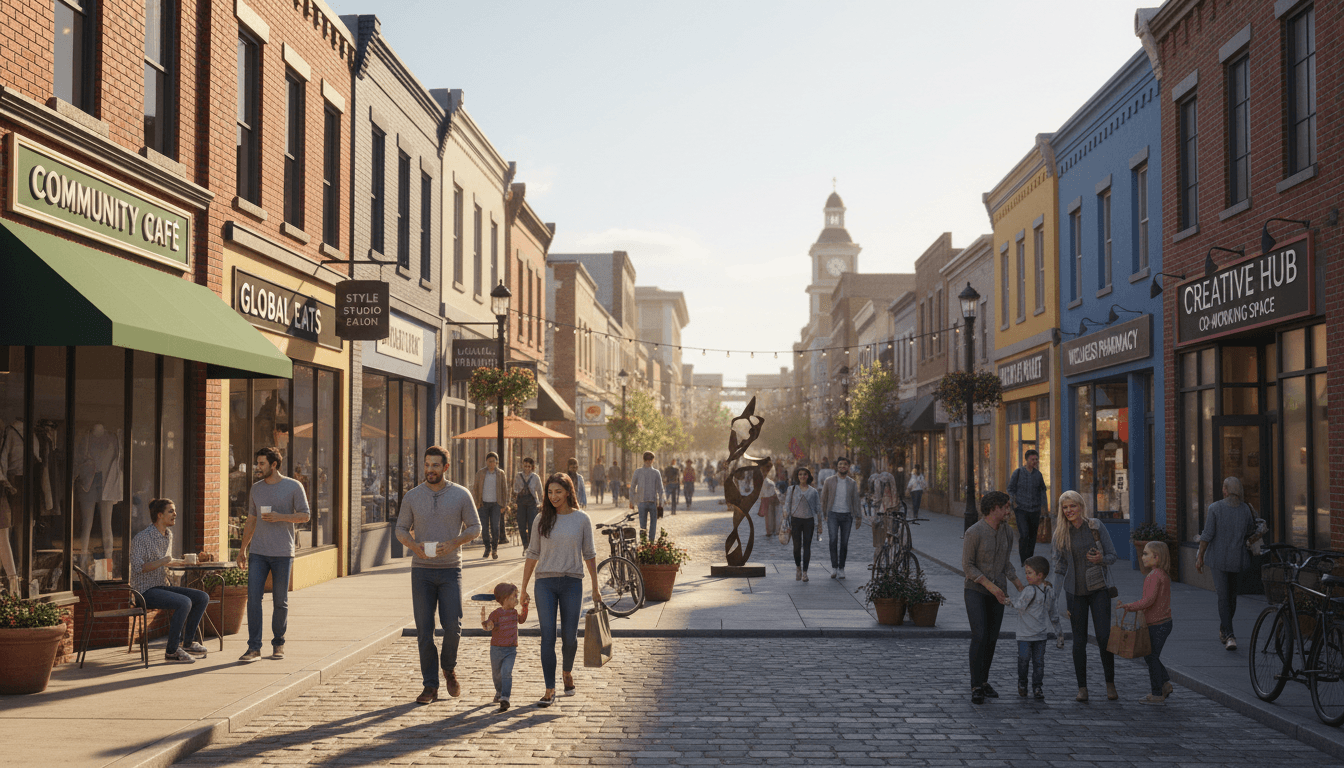 Lively downtown street with shops, restaurants, and pedestrians
