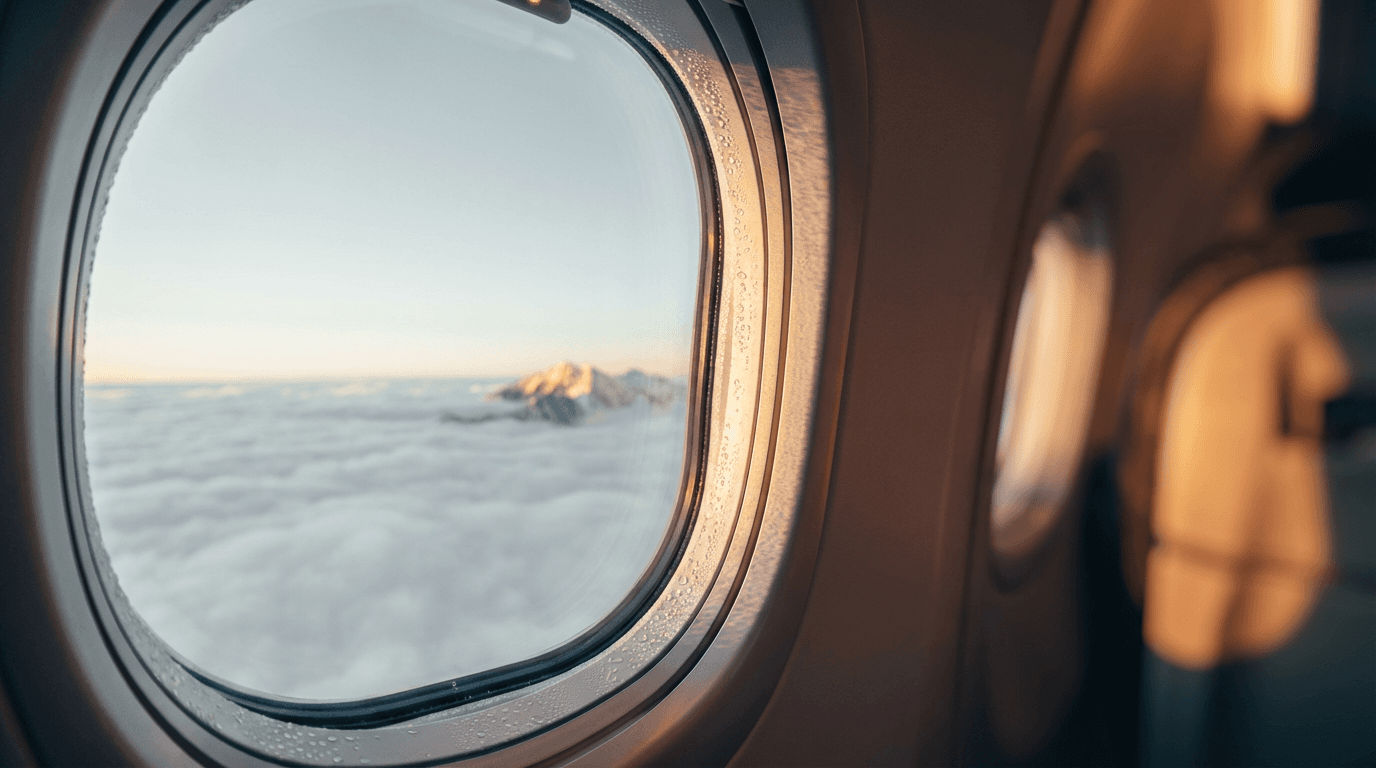 Airplane in flight above clouds at sunset