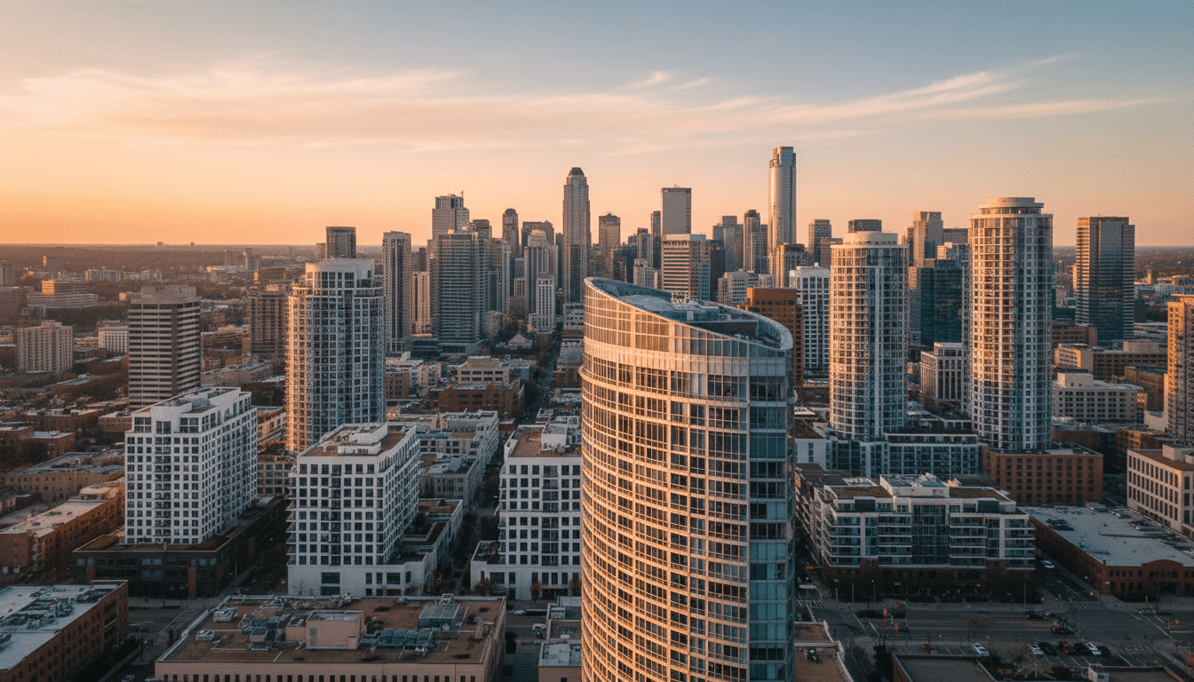 City skyline with downtown buildings and modern urban architecture