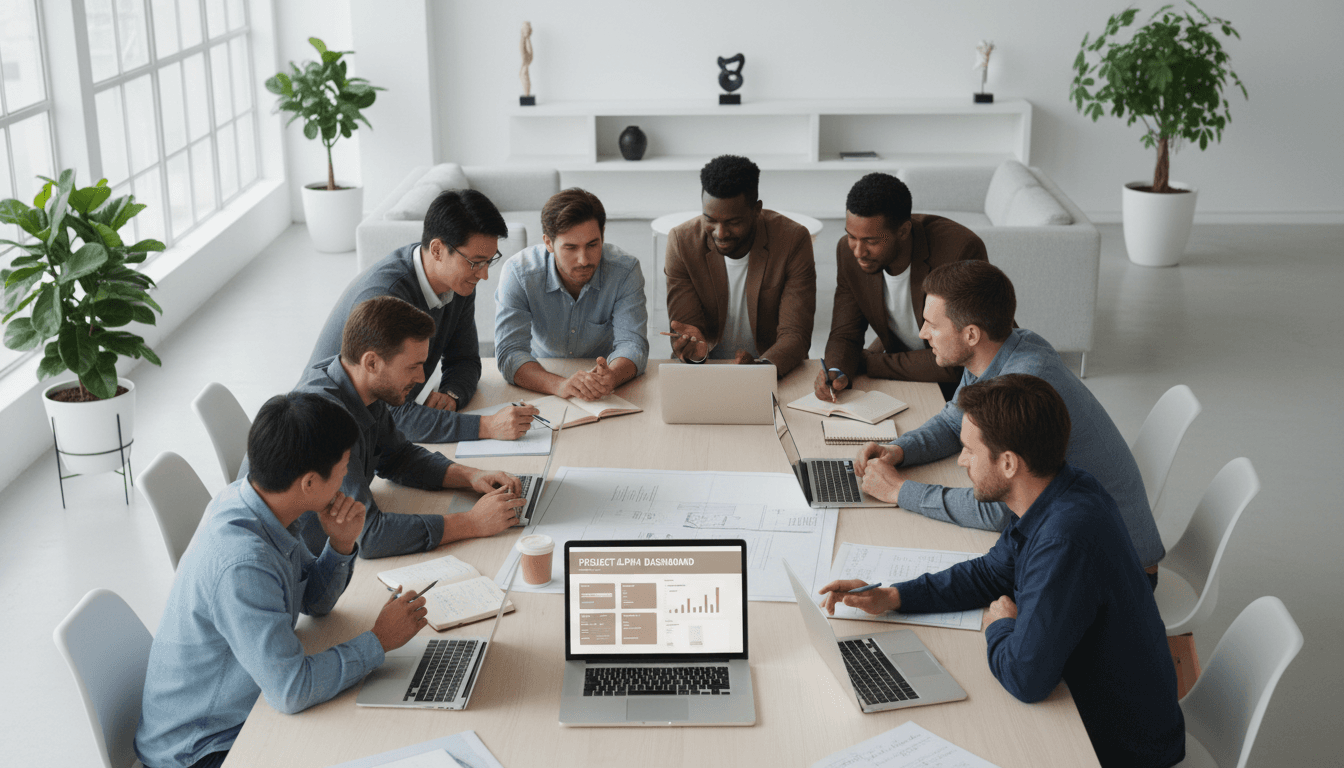 Team members collaborating in a modern office setting while working on flight booking services