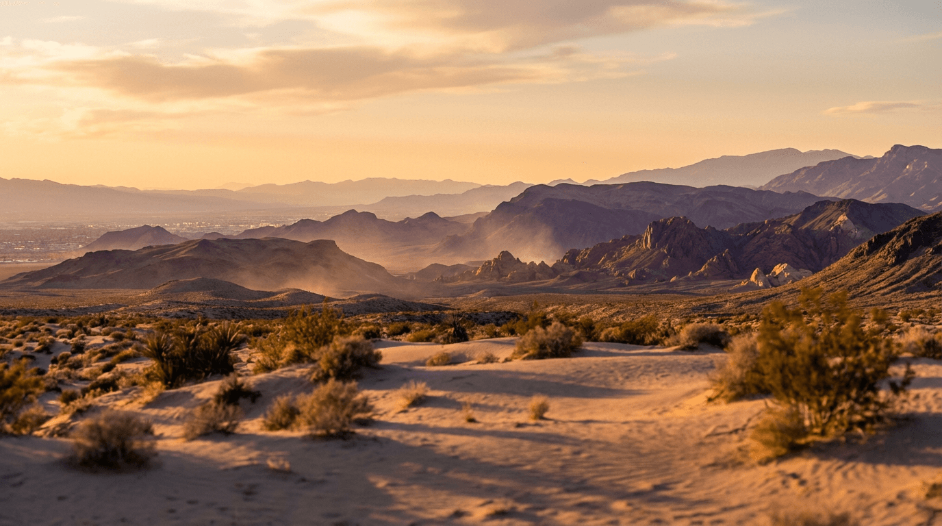 Desert landscape with dramatic red rock formations at sunset