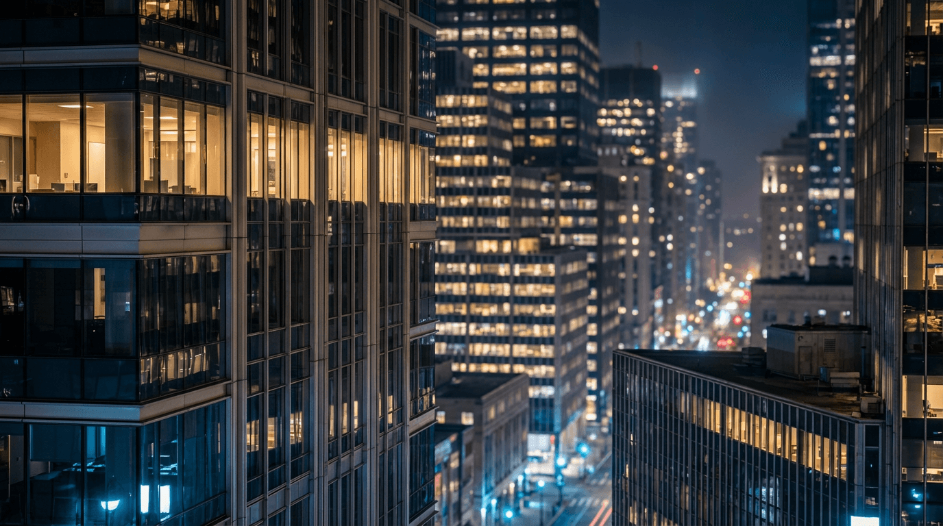 City skyline with modern skyscrapers at night